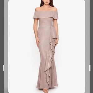 Betsy & Adam Pink Asymmetrical Ruffled Gown